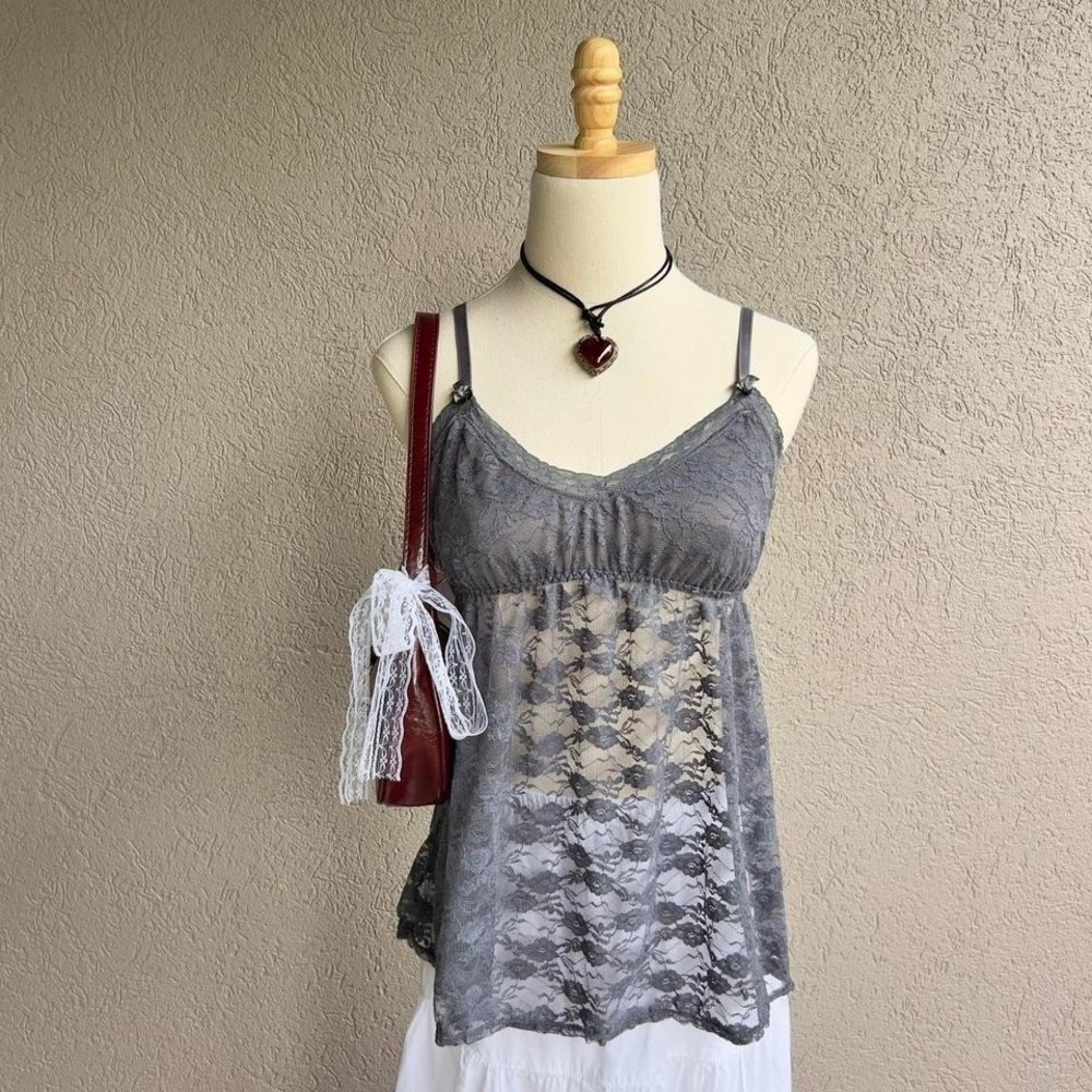 Gray Lace Babydoll Cami Tank Top Size Medium Y2K Preppy Coquette